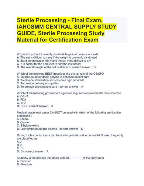 Exam (elaborations) - <b>Iahcsmm</b> exam for central services <b>sterile</b> technician certification 2022 &lpar;verified sol&period;&period;&period; 10. . Iahcsmm sterile processing practice test